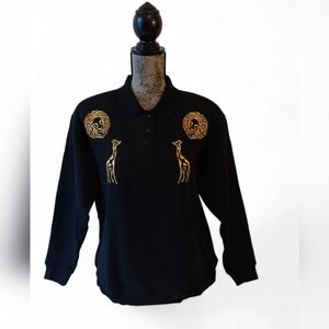 EVR women's black embroidered safari animals button-front top size S
